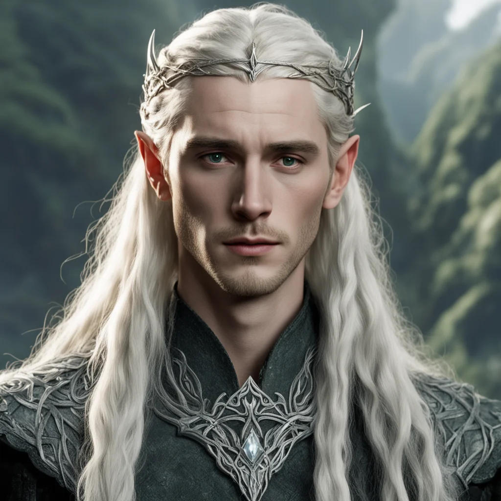 aitolkien king thranduil with blond hair and braids wearing a small thin silver serpentine sindarin elvish circlet with large center diamond amazing awesome portrait 2
