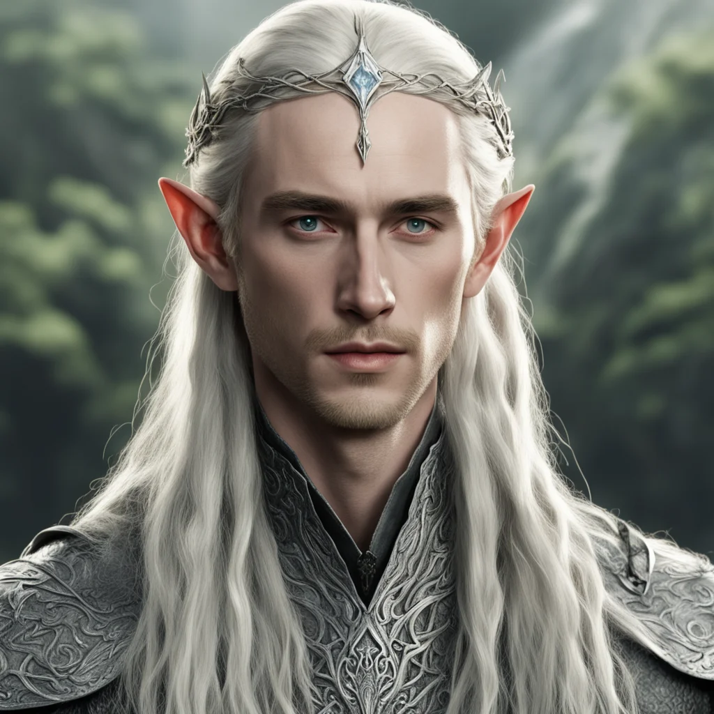 aitolkien king thranduil with blond hair and braids wearing a small thin silver serpentine sindarin elvish circlet with large center diamond good looking trending fantastic 1