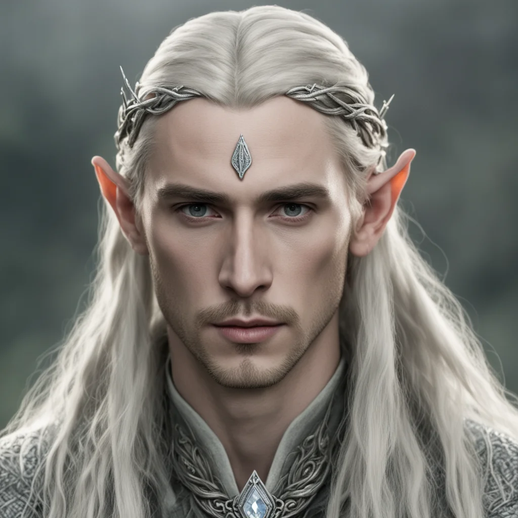 aitolkien king thranduil with blond hair and braids wearing a small thin silver serpentine sindarin elvish circlet with large center diamond