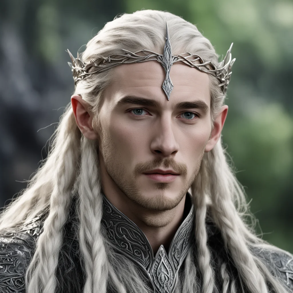 aitolkien king thranduil with blond hair and braids wearing battle of the five armies silver elvish circlet with large center diamond good looking trending fantastic 1