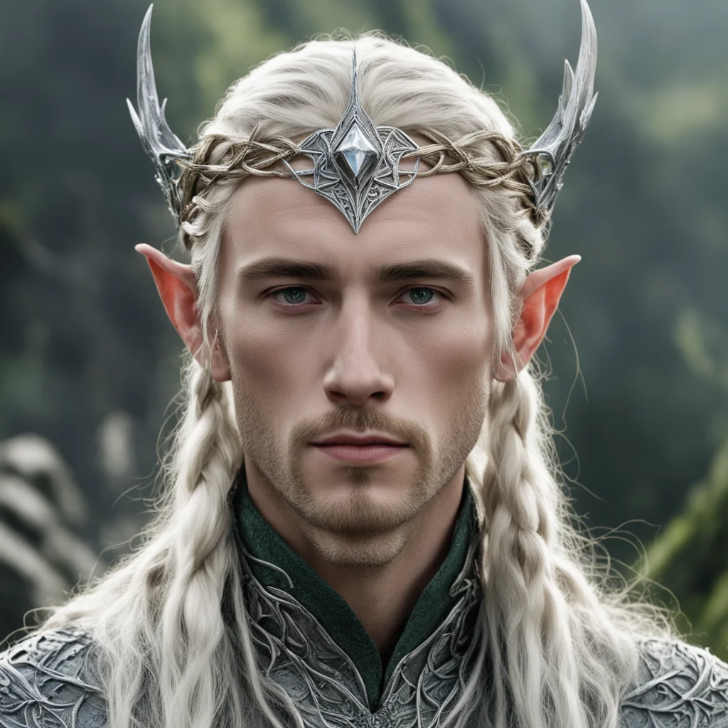 tolkien king thranduil with blond hair and braids wearing battle of the five armies silver elvish circlet with large center diamond