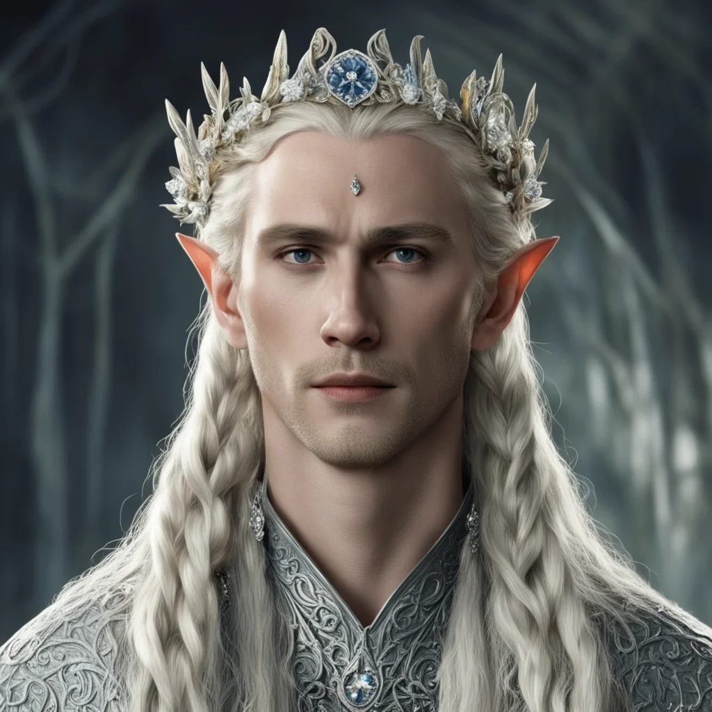 tolkien king thranduil with blond hair and braids wearing flowers encrusted with diamonds with diamond rosettes forming a silver sindarin elvish circlet with large center diamond  amazing awesome po