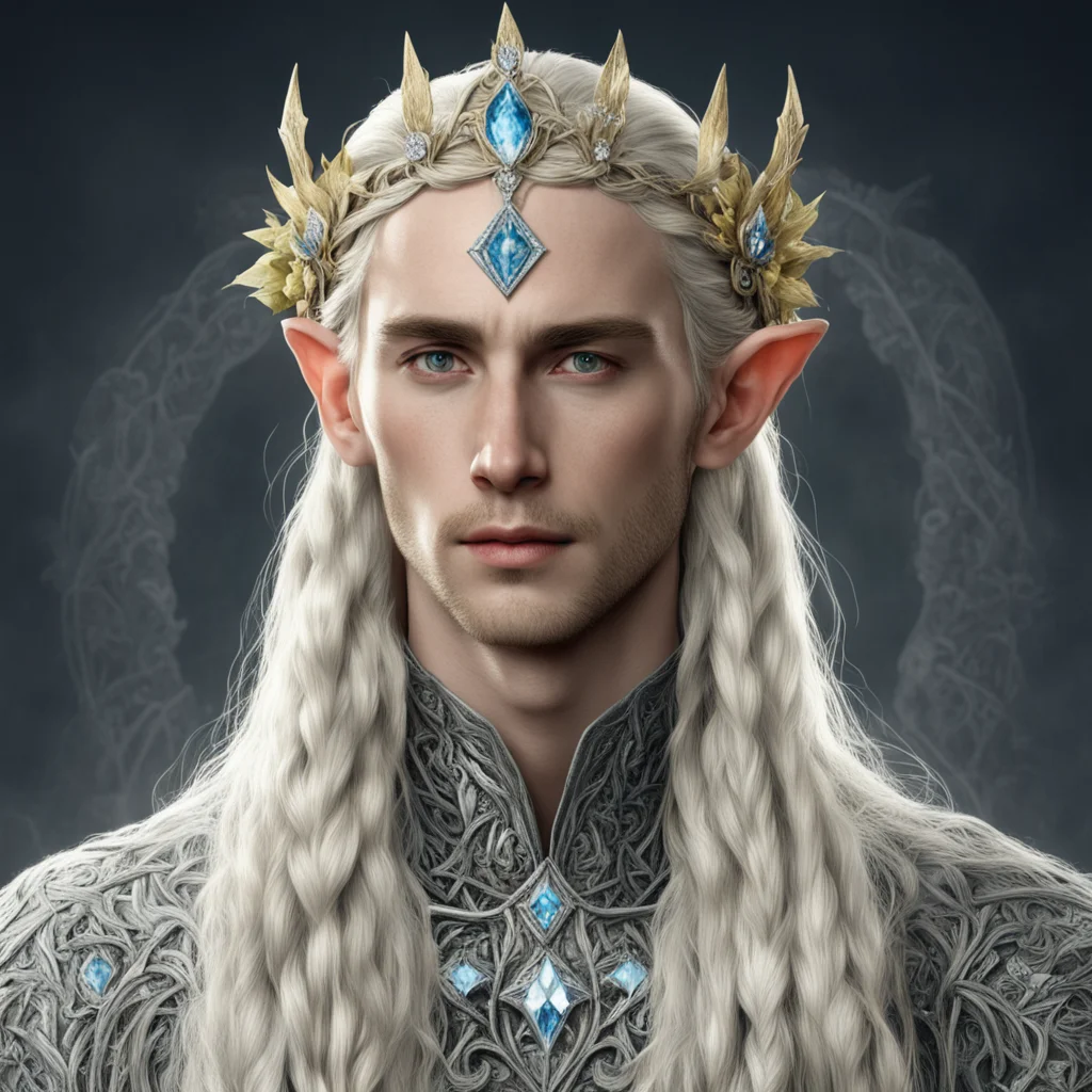 tolkien king thranduil with blond hair and braids wearing flowers encrusted with diamonds with diamond rosettes forming a silver sindarin elvish circlet with large center diamond  confident engaging