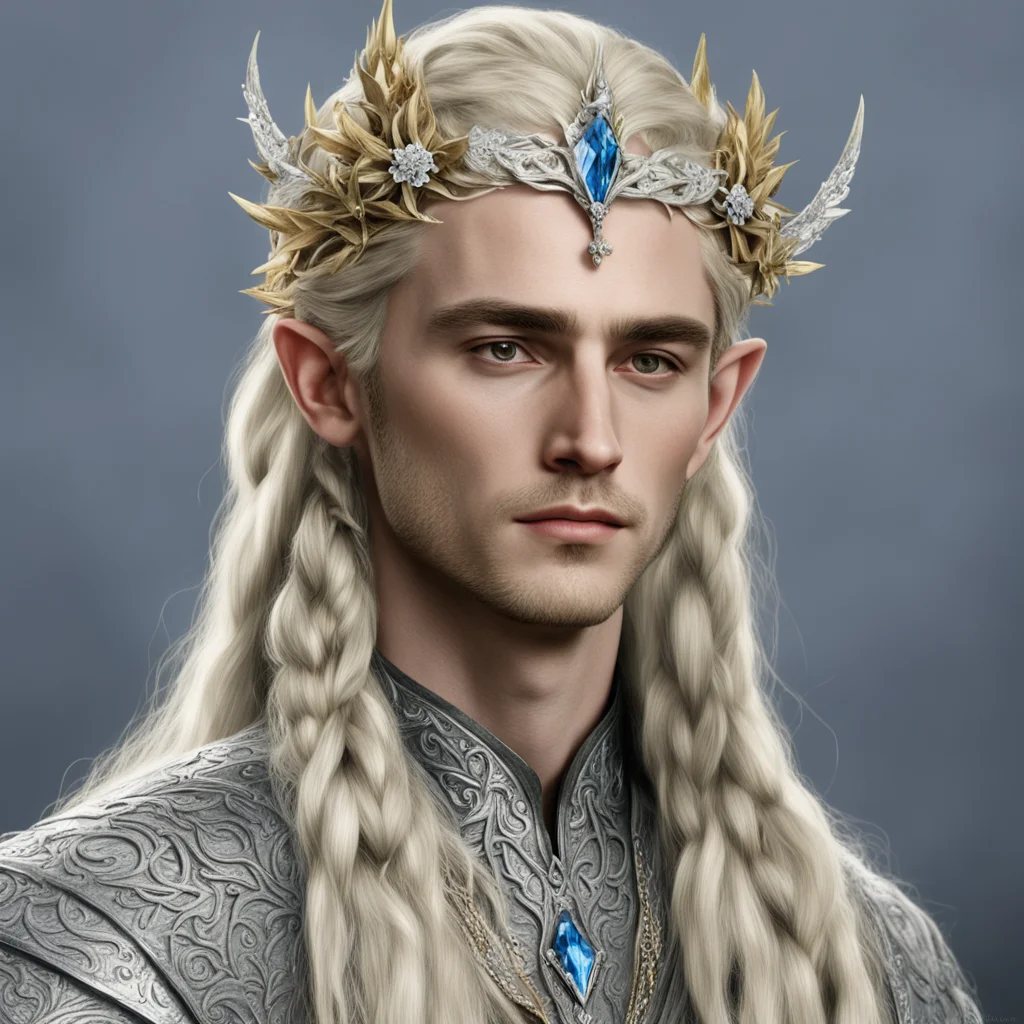 tolkien king thranduil with blond hair and braids wearing flowers encrusted with diamonds with diamond rosettes forming a silver sindarin elvish circlet with large center diamond 