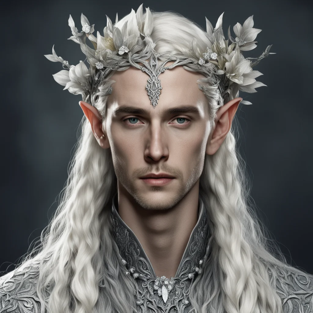 tolkien king thranduil with blond hair and braids wearing large flowers made of silver heavily encrusted with diamond that come together to form silver elvish circlet with prominent center diamond a