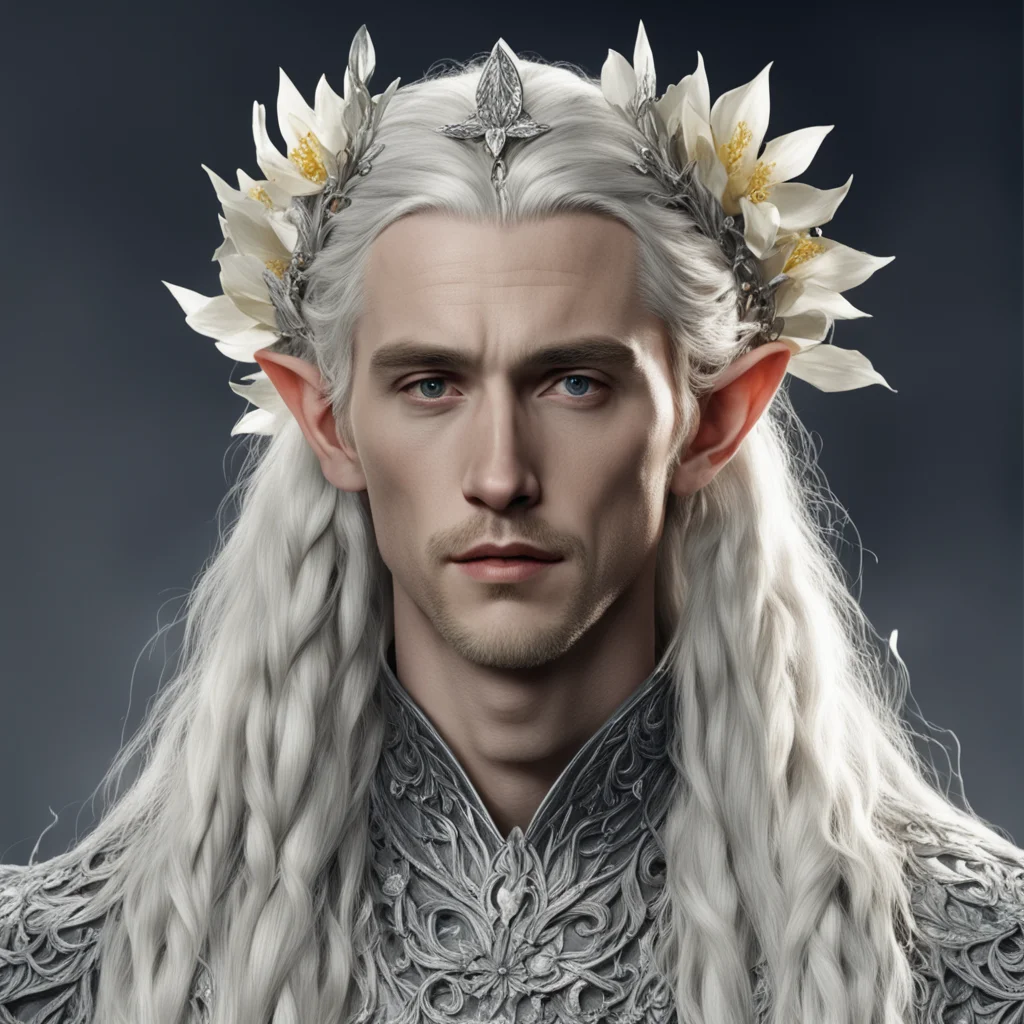 tolkien king thranduil with blond hair and braids wearing large flowers made of silver heavily encrusted with diamond that come together to form silver elvish circlet with prominent center diamond g