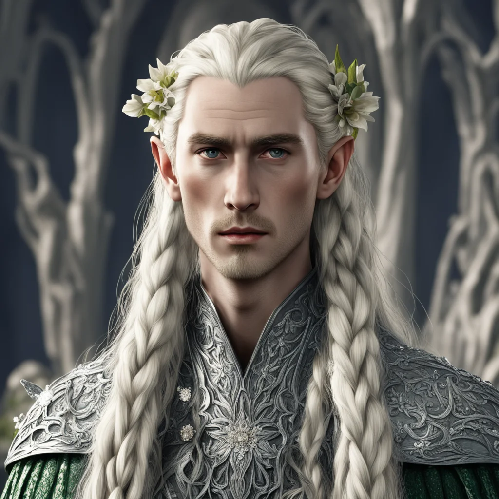 tolkien king thranduil with blond hair and braids wearing large flowers of silver encrusted with diamonds  amazing awesome portrait 2