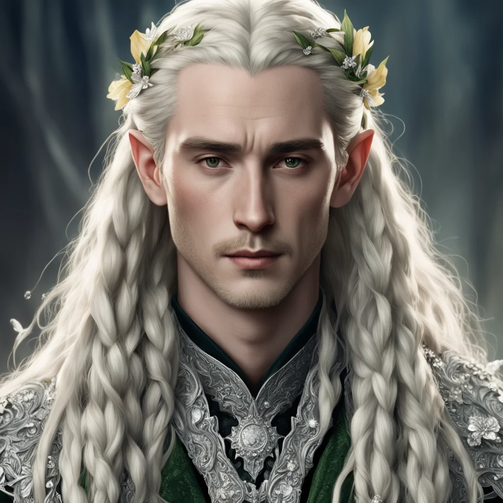 tolkien king thranduil with blond hair and braids wearing large flowers of silver encrusted with diamonds  confident engaging wow artstation art 3