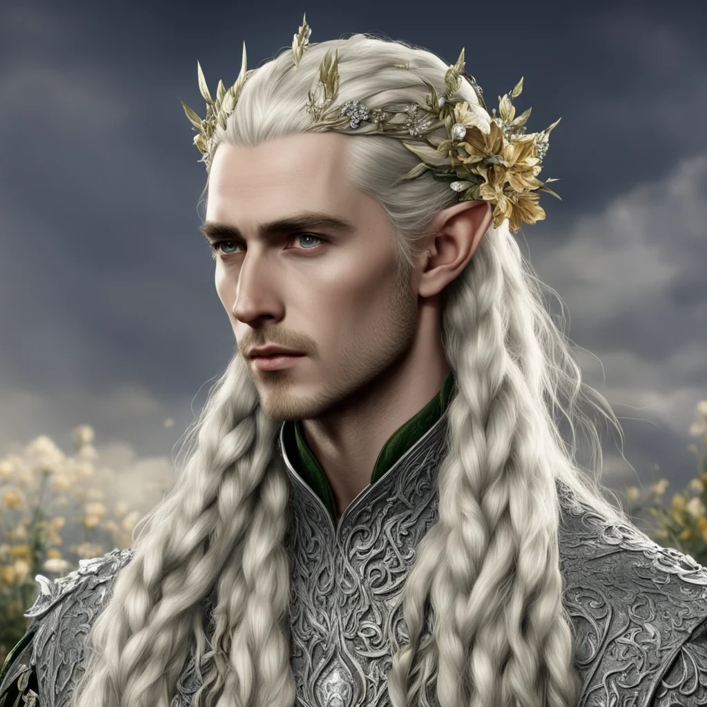 aitolkien king thranduil with blond hair and braids wearing large flowers of silver encrusted with diamonds  good looking trending fantastic 1