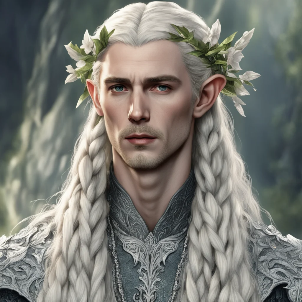 tolkien king thranduil with blond hair and braids wearing large flowers of silver encrusted with diamonds 