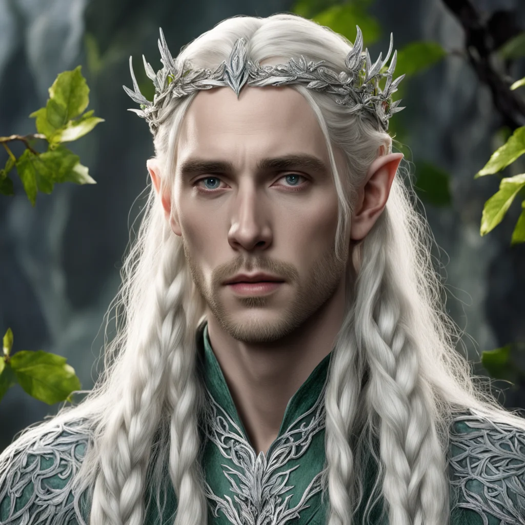 aitolkien king thranduil with blond hair and braids wearing leaves of silver and berries of diamonds to form elvish silver circlet with prominent center diamond amazing awesome portrait 2