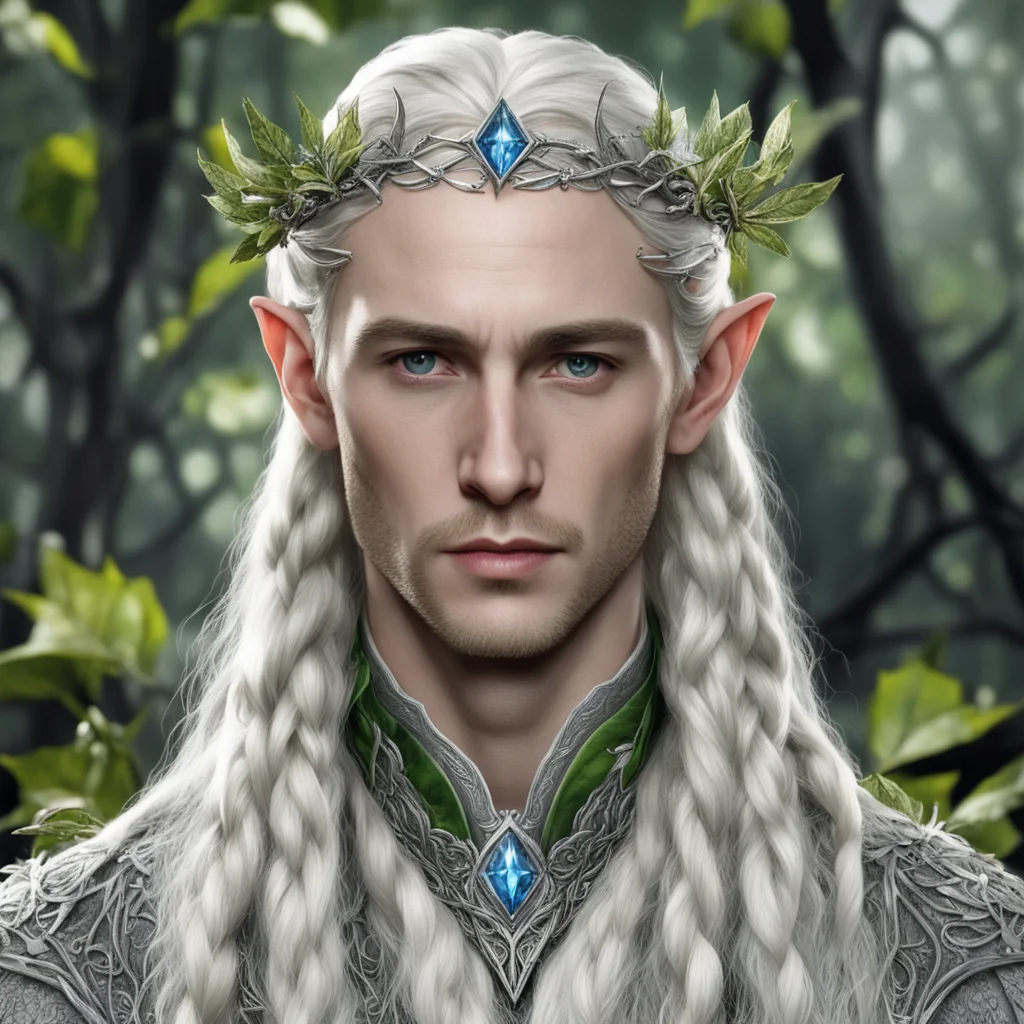 aitolkien king thranduil with blond hair and braids wearing leaves of silver and berries of diamonds to form elvish silver circlet with prominent center diamond good looking trending fantastic 1