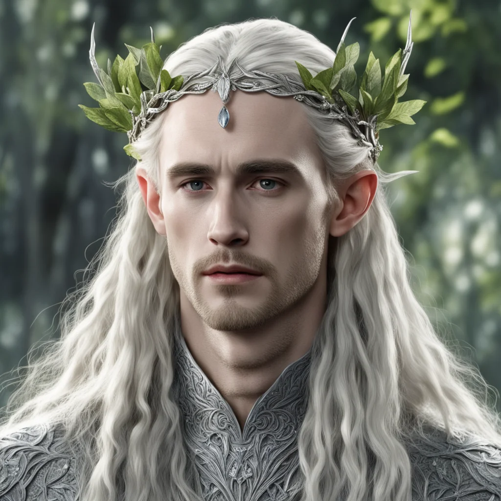 aitolkien king thranduil with blond hair and braids wearing leaves of silver and berries of diamonds to form elvish silver circlet with prominent center diamond