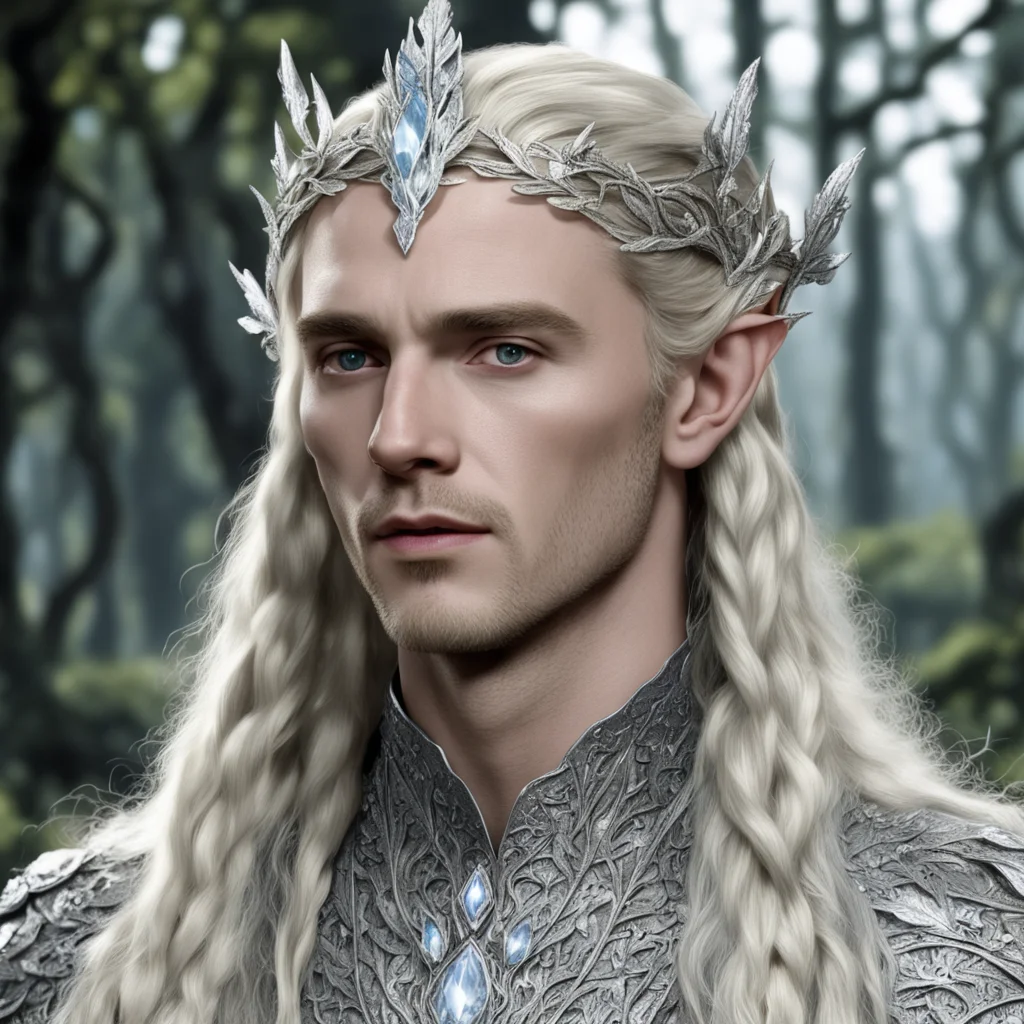 tolkien king thranduil with blond hair and braids wearing oak leaves made of silver encrusted with diamonds with large clusters of diamonds comprising a silver elvish circlet with prominent center d