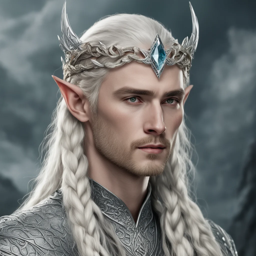 aitolkien king thranduil with blond hair and braids wearing silver and diamond hair pins with silver serpentine elvish circlet encrusted with diamonds with large center diamond 