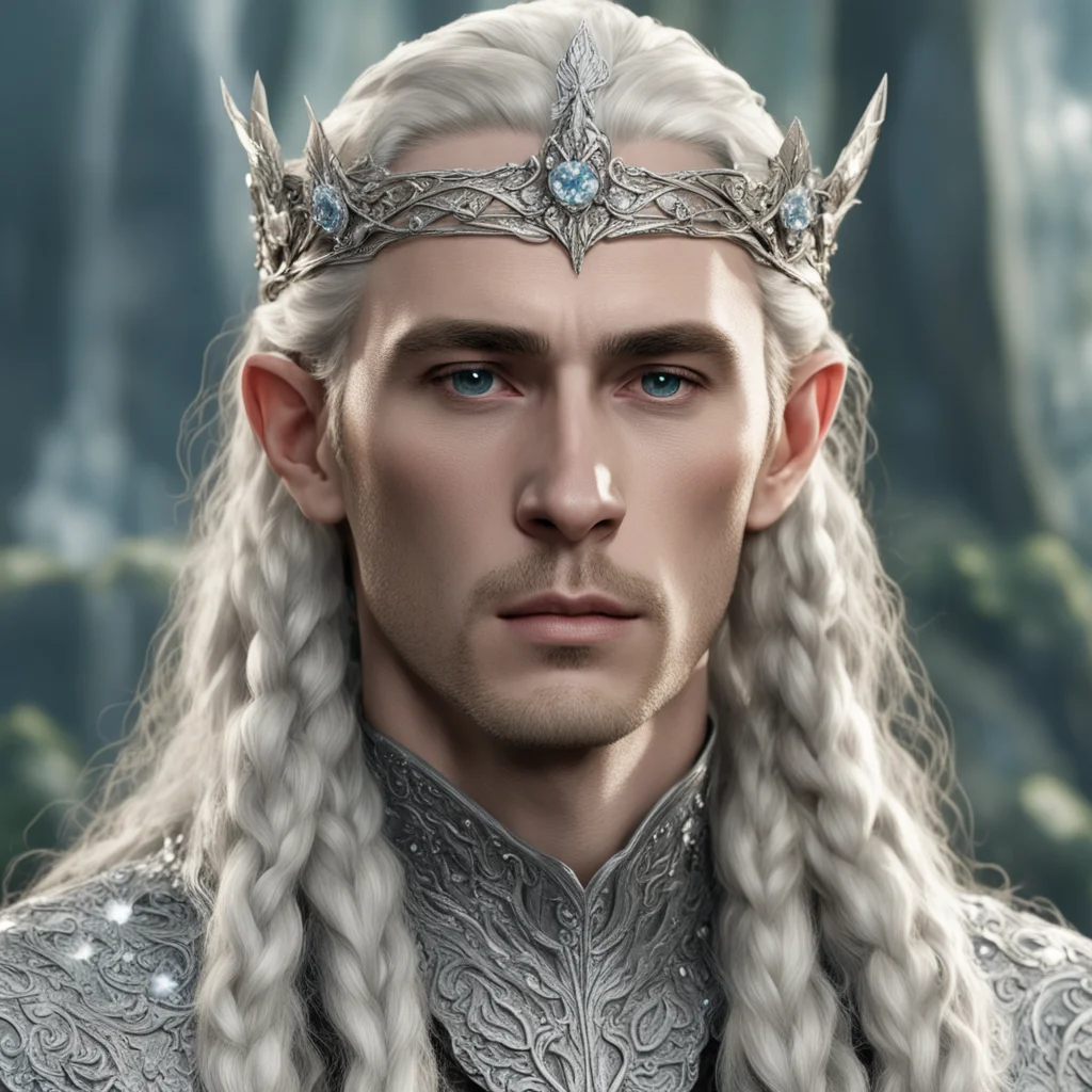 aitolkien king thranduil with blond hair and braids wearing silver beech circlet encrusted with diamonds and large diamond clusters amazing awesome portrait 2
