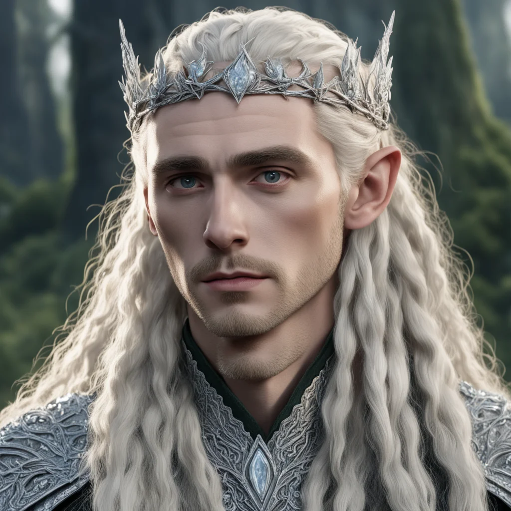 tolkien king thranduil with blond hair and braids wearing silver beech circlet encrusted with diamonds and large diamond clusters