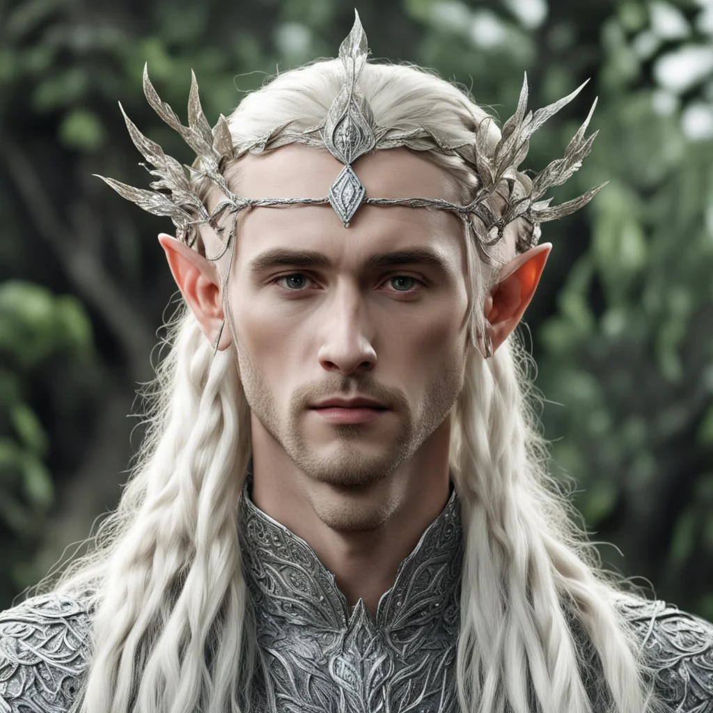 aitolkien king thranduil with blond hair and braids wearing silver beech leaf encrusted with diamonds forming silver serpentine elvish circlet with large center diamond amazing awesome portrait 2