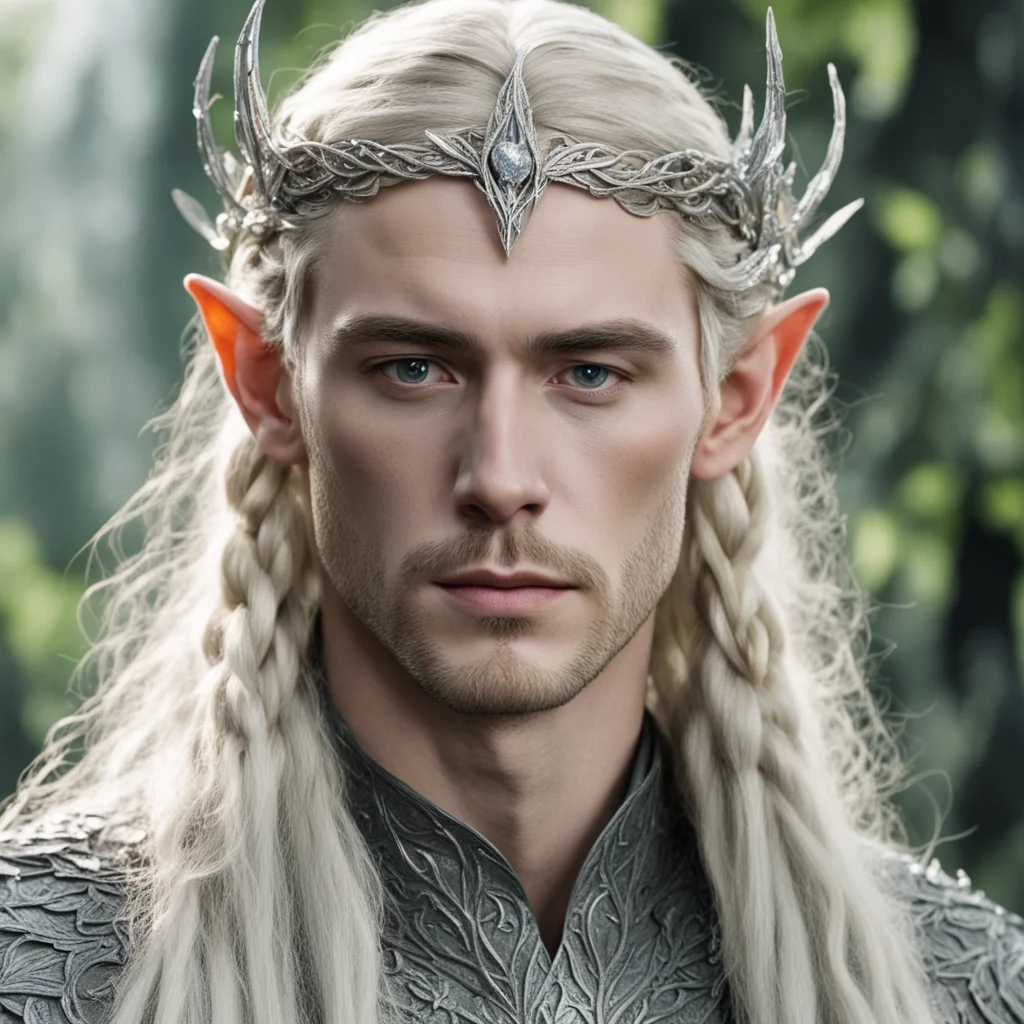tolkien king thranduil with blond hair and braids wearing silver beech leaf encrusted with diamonds forming silver serpentine elvish circlet with large center diamond confident engaging wow artstati