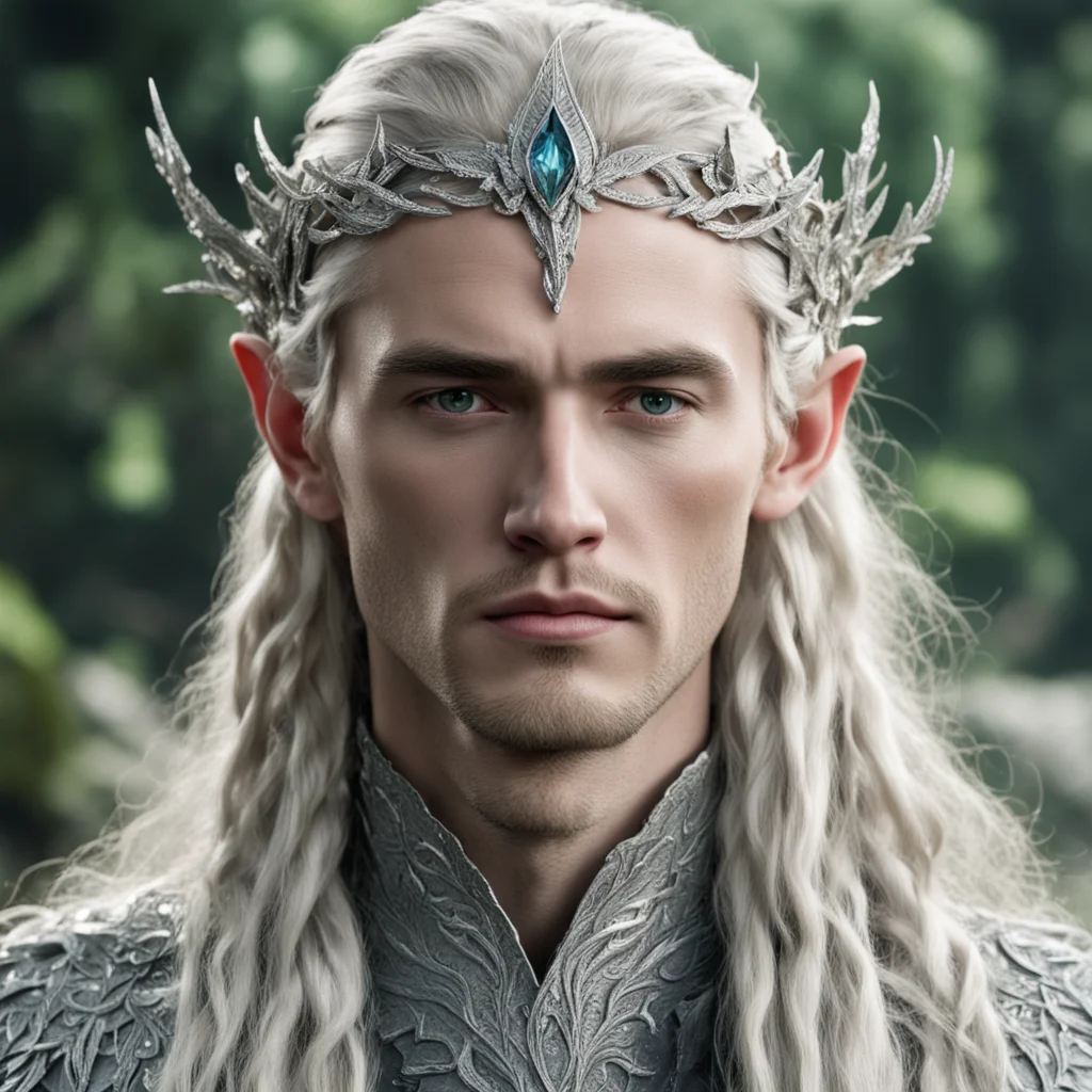tolkien king thranduil with blond hair and braids wearing silver beech leaf encrusted with diamonds forming silver serpentine elvish circlet with large center diamond good looking trending fantastic