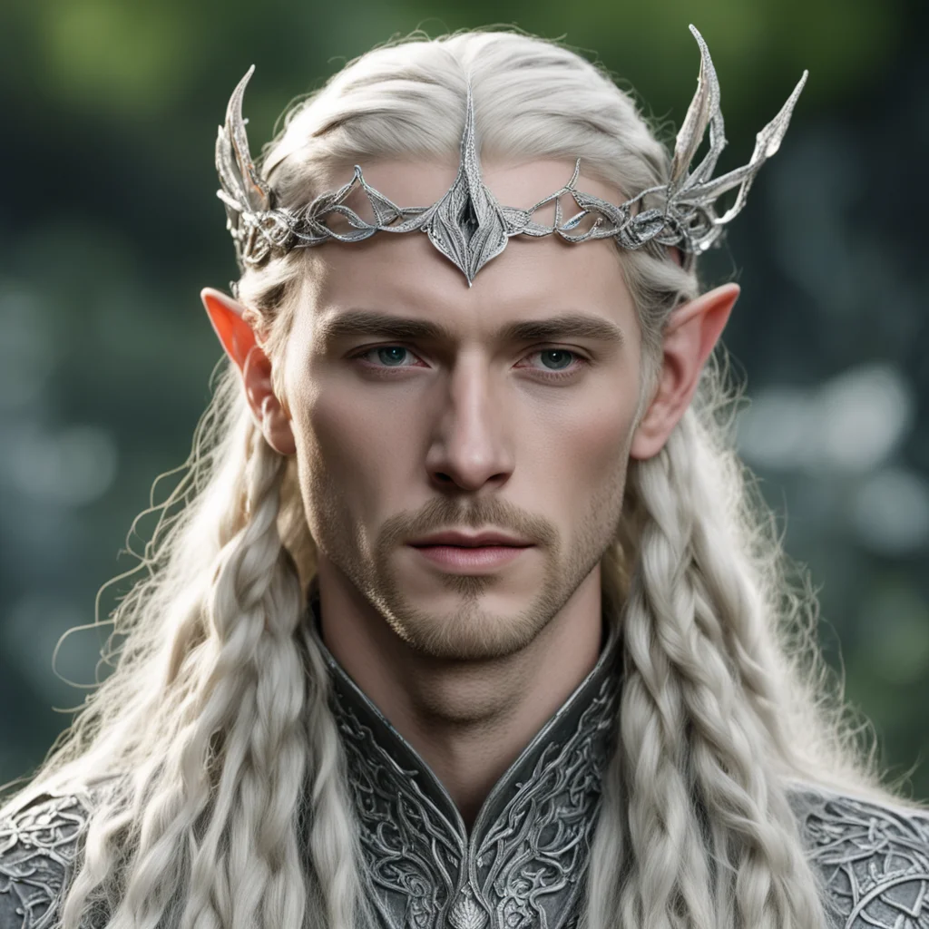 tolkien king thranduil with blond hair and braids wearing silver beech leaf encrusted with diamonds forming silver serpentine elvish circlet with large center diamond