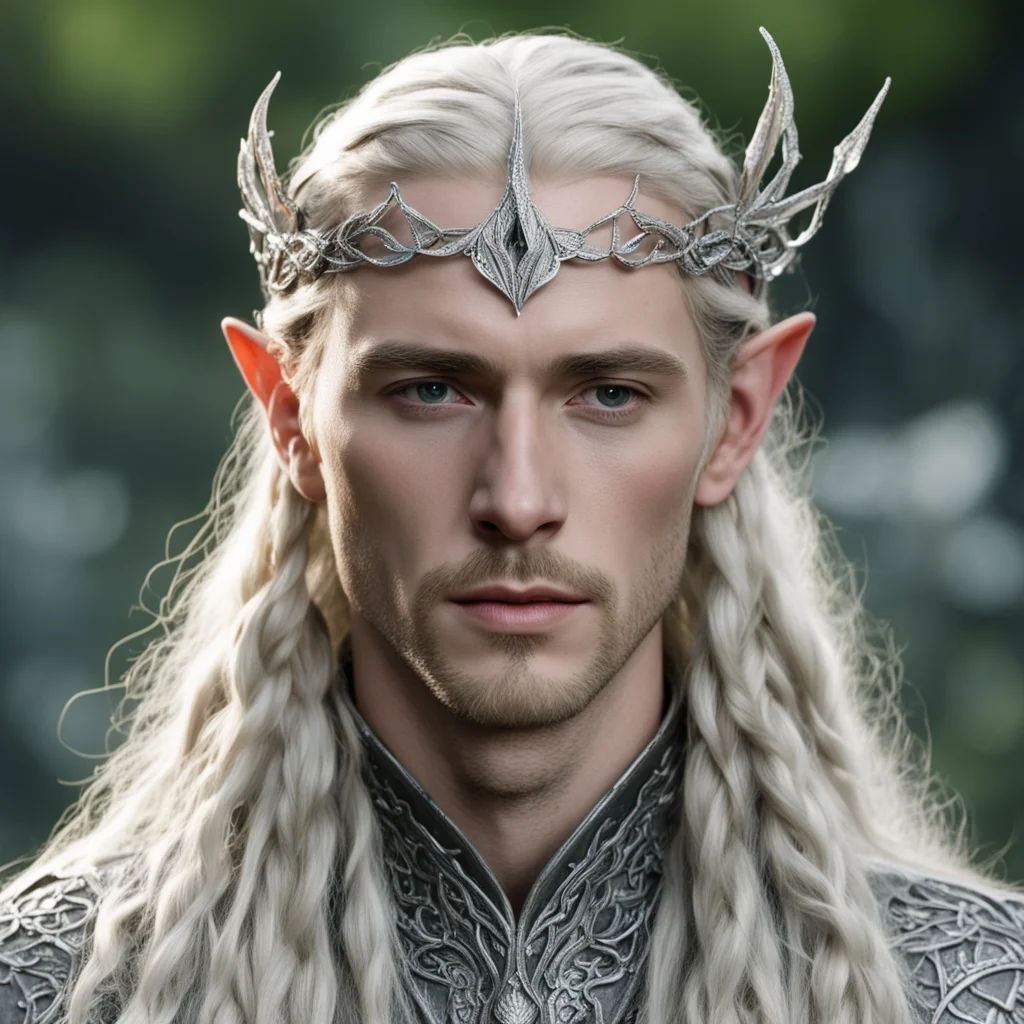 aitolkien king thranduil with blond hair and braids wearing silver beech leaf encrusted with diamonds forming silver serpentine elvish circlet with large center diamond