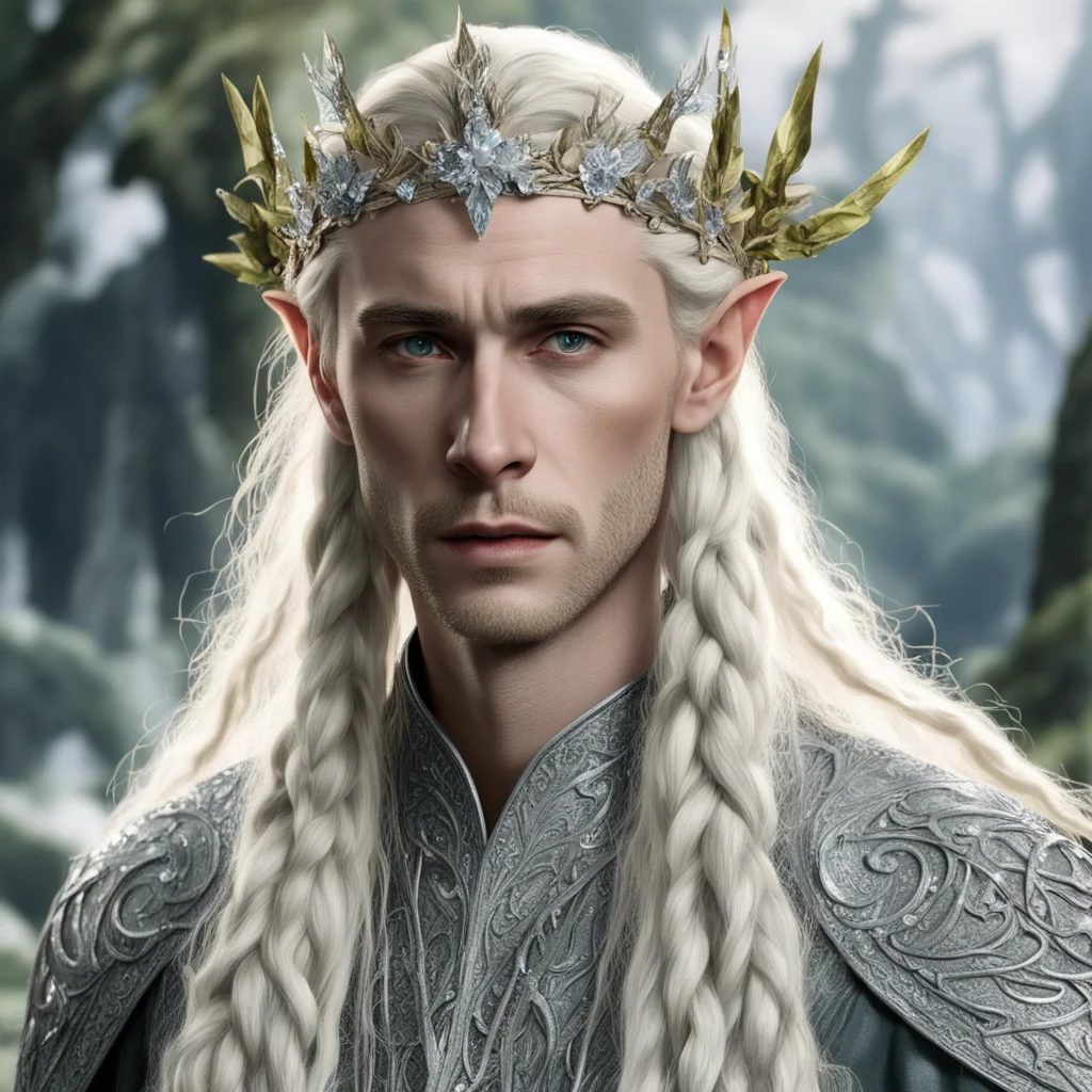 aitolkien king thranduil with blond hair and braids wearing silver birch circlet encrusted with diamonds and large diamond clusters amazing awesome portrait 2