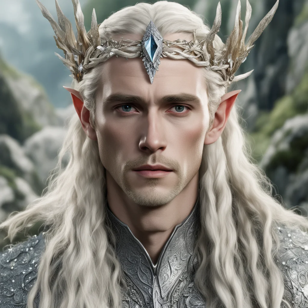 aitolkien king thranduil with blond hair and braids wearing silver birch circlet encrusted with diamonds and large diamond clusters