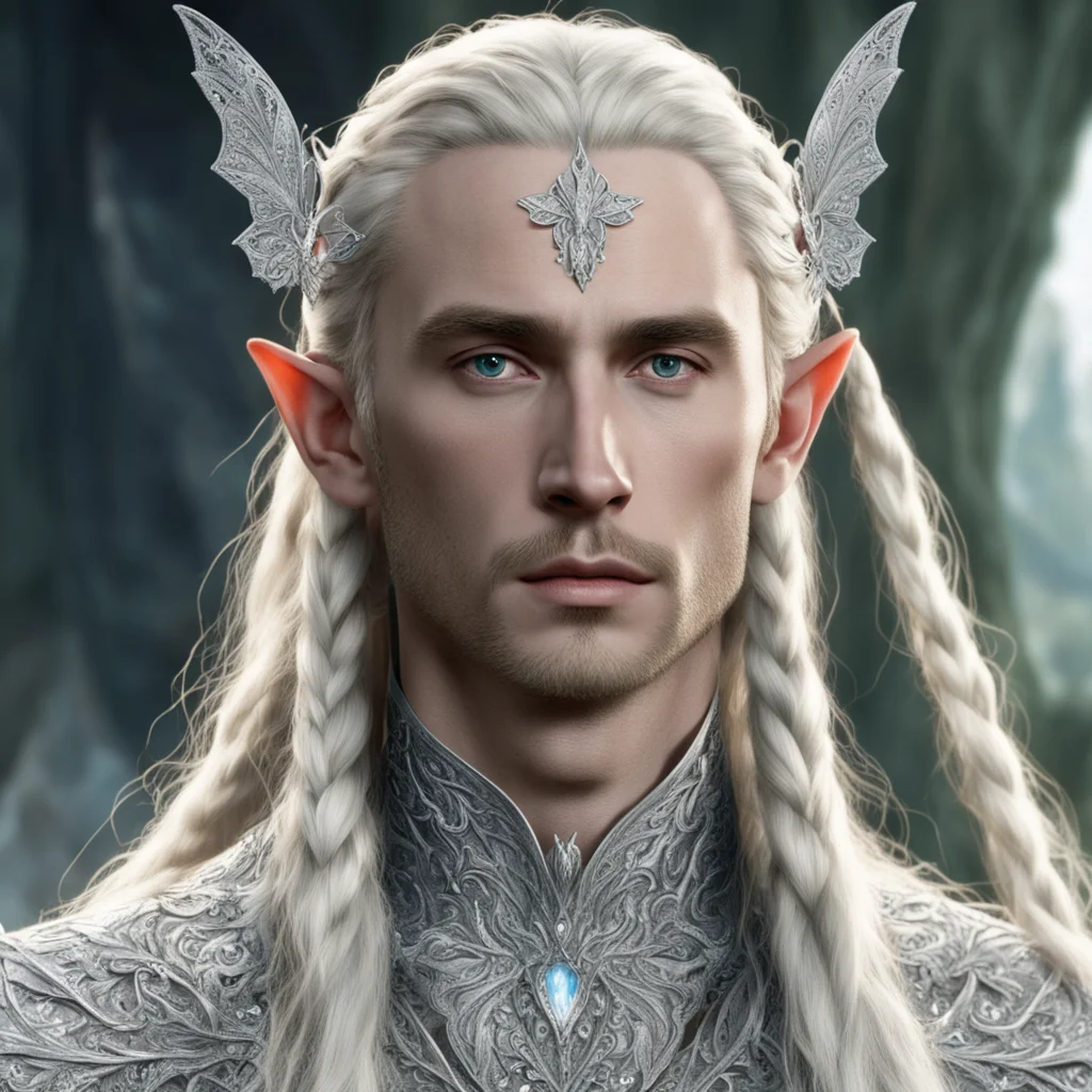 tolkien king thranduil with blond hair and braids wearing silver butterfly encrusted with diamonds forming into a silver elvish circlet with prominent center diamond confident engaging wow artstatio