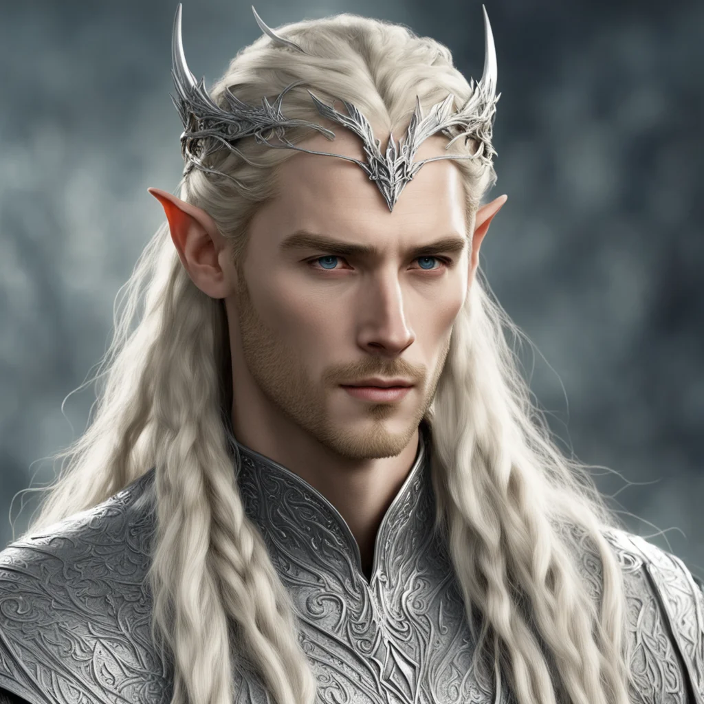 tolkien king thranduil with blond hair and braids wearing silver dragon elvish circlet with prominent center diamond 