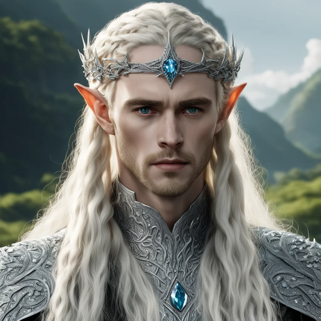 tolkien king thranduil with blond hair and braids wearing silver elvish circlet encrusted with diamonds with large center diamond amazing awesome portrait 2