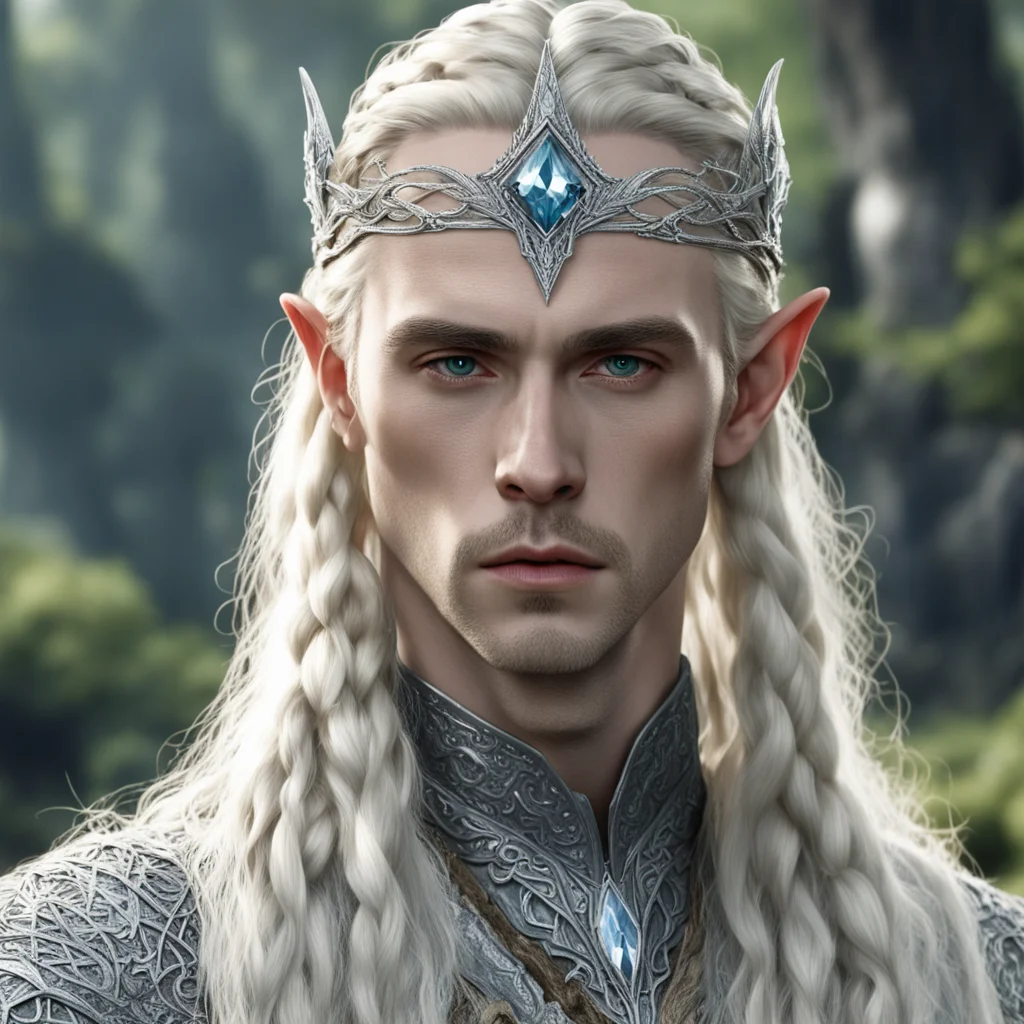 tolkien king thranduil with blond hair and braids wearing silver elvish circlet encrusted with diamonds with large center diamond good looking trending fantastic 1