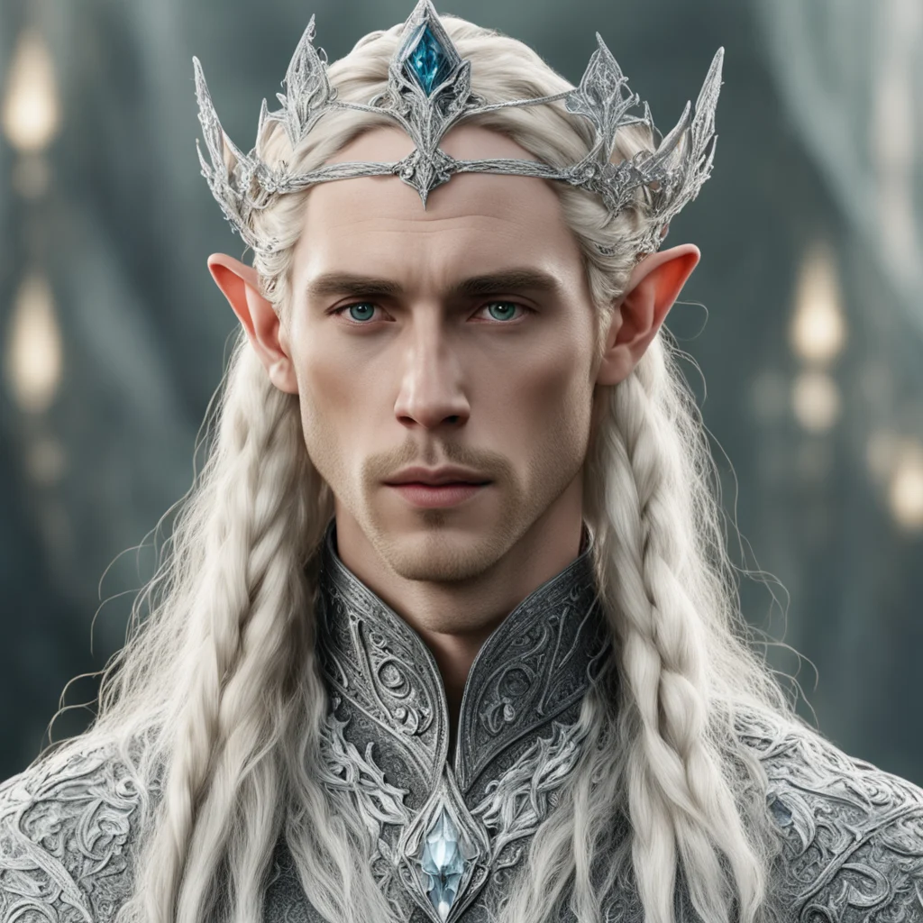 aitolkien king thranduil with blond hair and braids wearing silver elvish circlet encrusted with diamonds with large center diamond