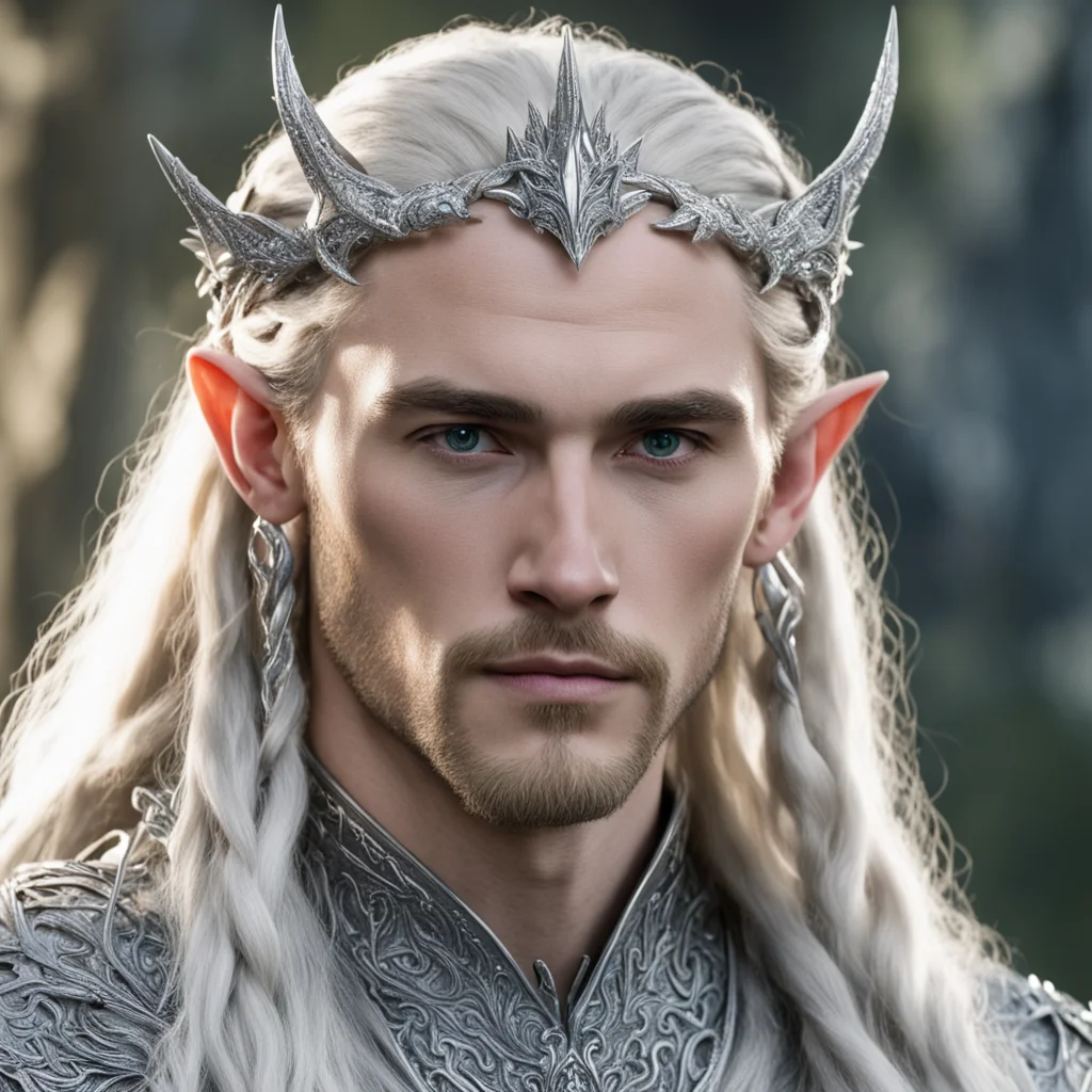 aitolkien king thranduil with blond hair and braids wearing silver fiery dragon silver elvish circlet encrusted with diamonds with large center diamond amazing awesome portrait 2