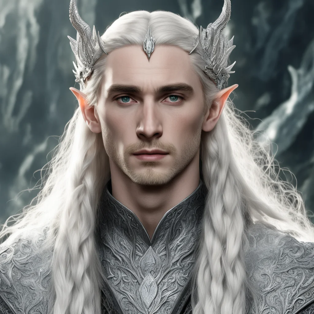 aitolkien king thranduil with blond hair and braids wearing silver fiery dragon silver elvish circlet encrusted with diamonds with large center diamond confident engaging wow artstation art 3