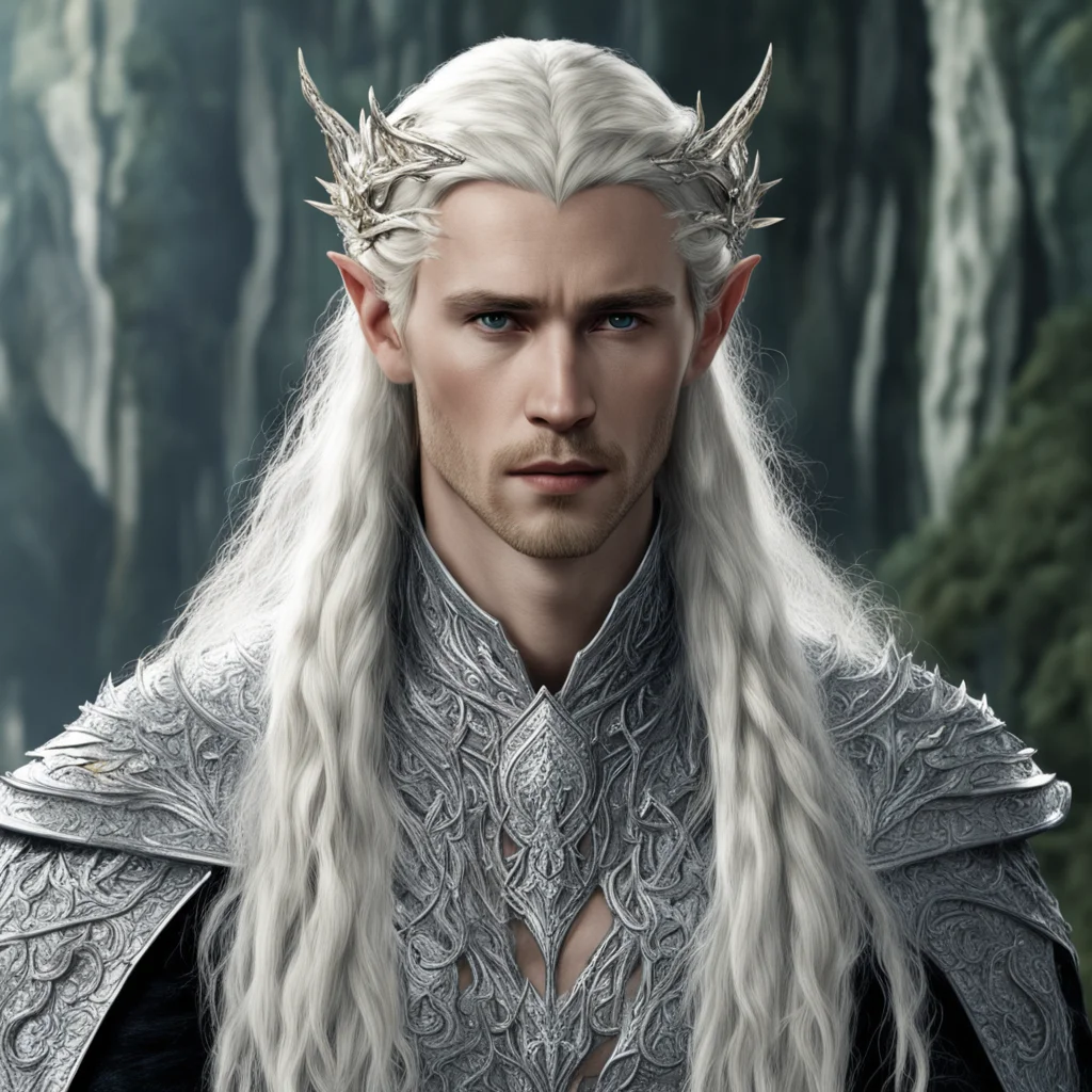 aitolkien king thranduil with blond hair and braids wearing silver fiery dragon silver elvish circlet encrusted with diamonds with large center diamond good looking trending fantastic 1