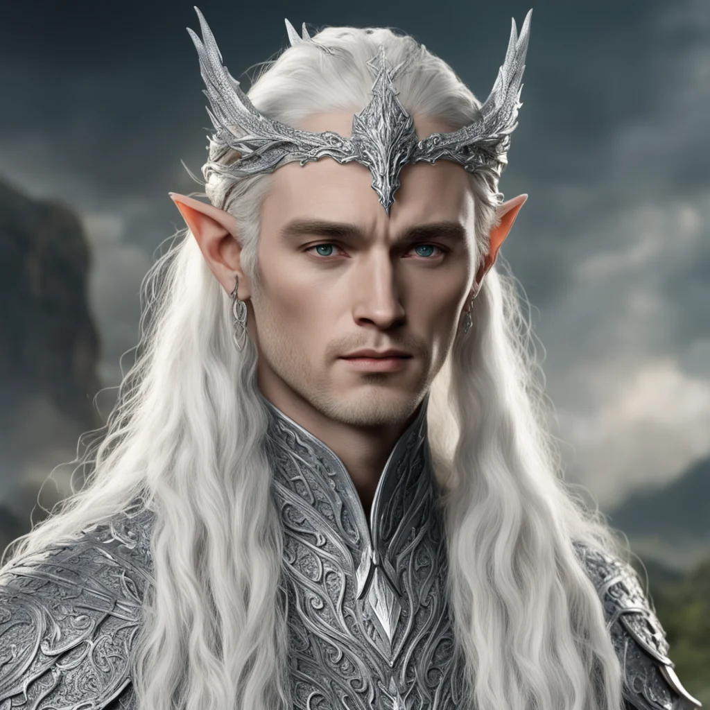 tolkien king thranduil with blond hair and braids wearing silver fiery dragon silver elvish circlet encrusted with diamonds with large center diamond