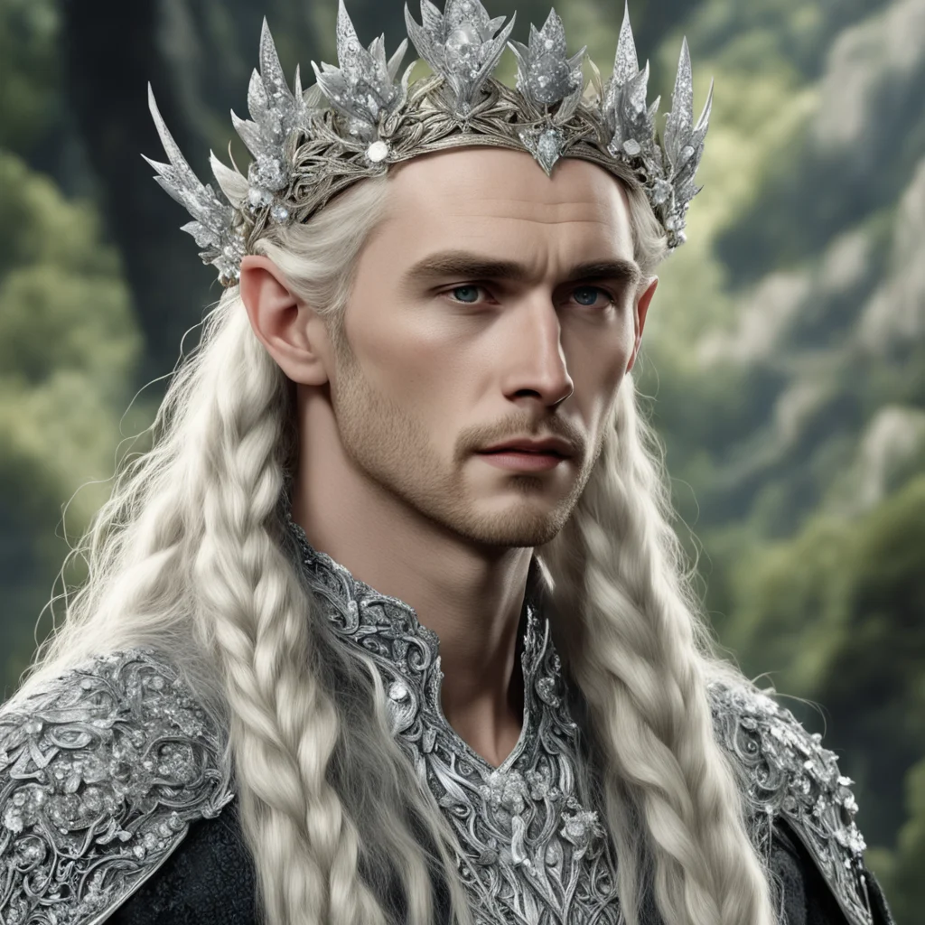 tolkien king thranduil with blond hair and braids wearing silver flower circlet encrusted with diamonds and large diamond clusters with large center diamond amazing awesome portrait 2