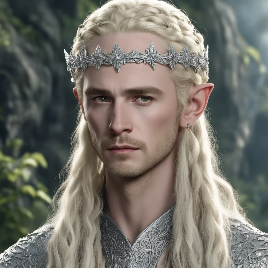 tolkien king thranduil with blond hair and braids wearing silver flower circlet encrusted with diamonds and large diamond clusters with large center diamond confident engaging wow artstation art 3.w