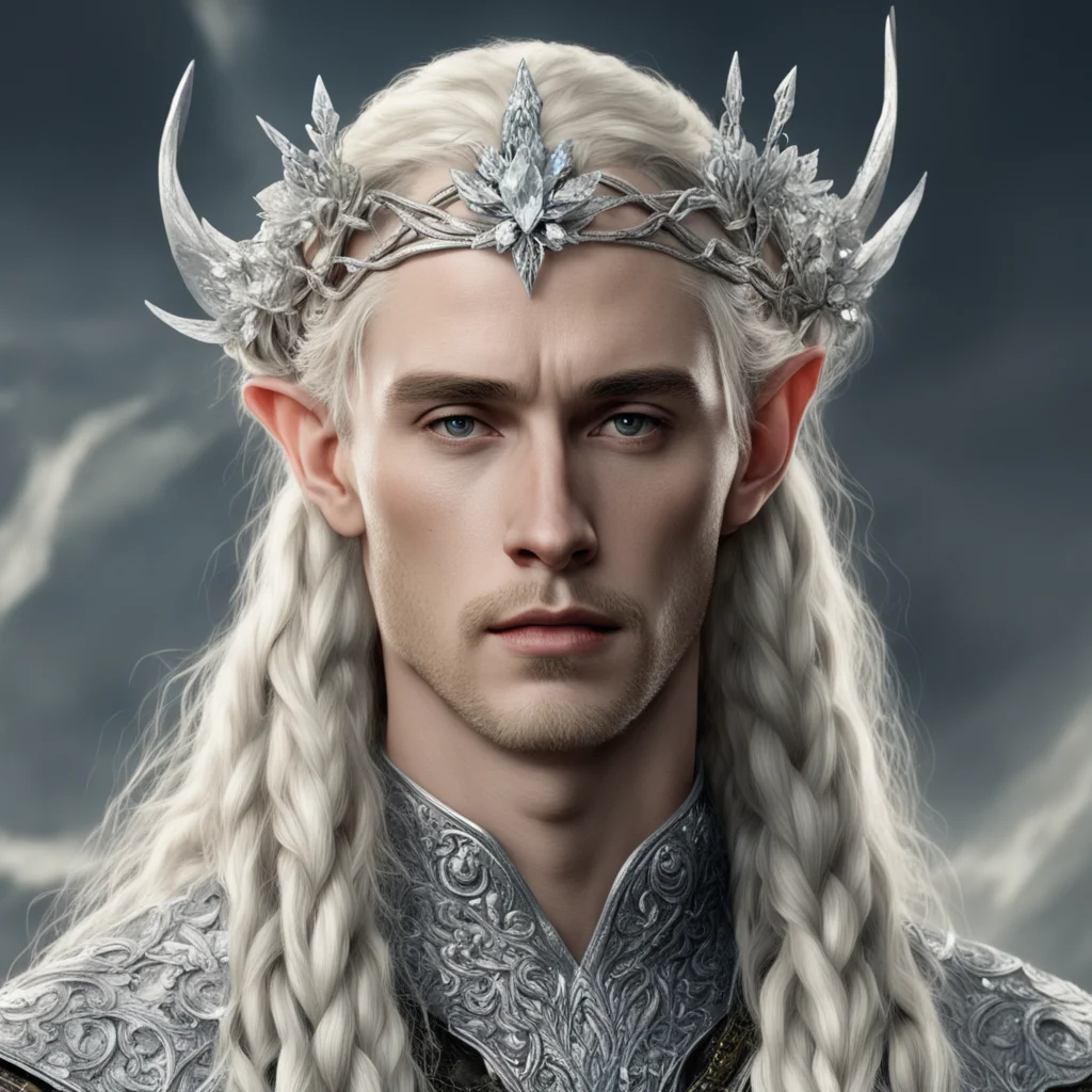 aitolkien king thranduil with blond hair and braids wearing silver flower circlet encrusted with diamonds and large diamond clusters with large center diamond good looking trending fantastic 1