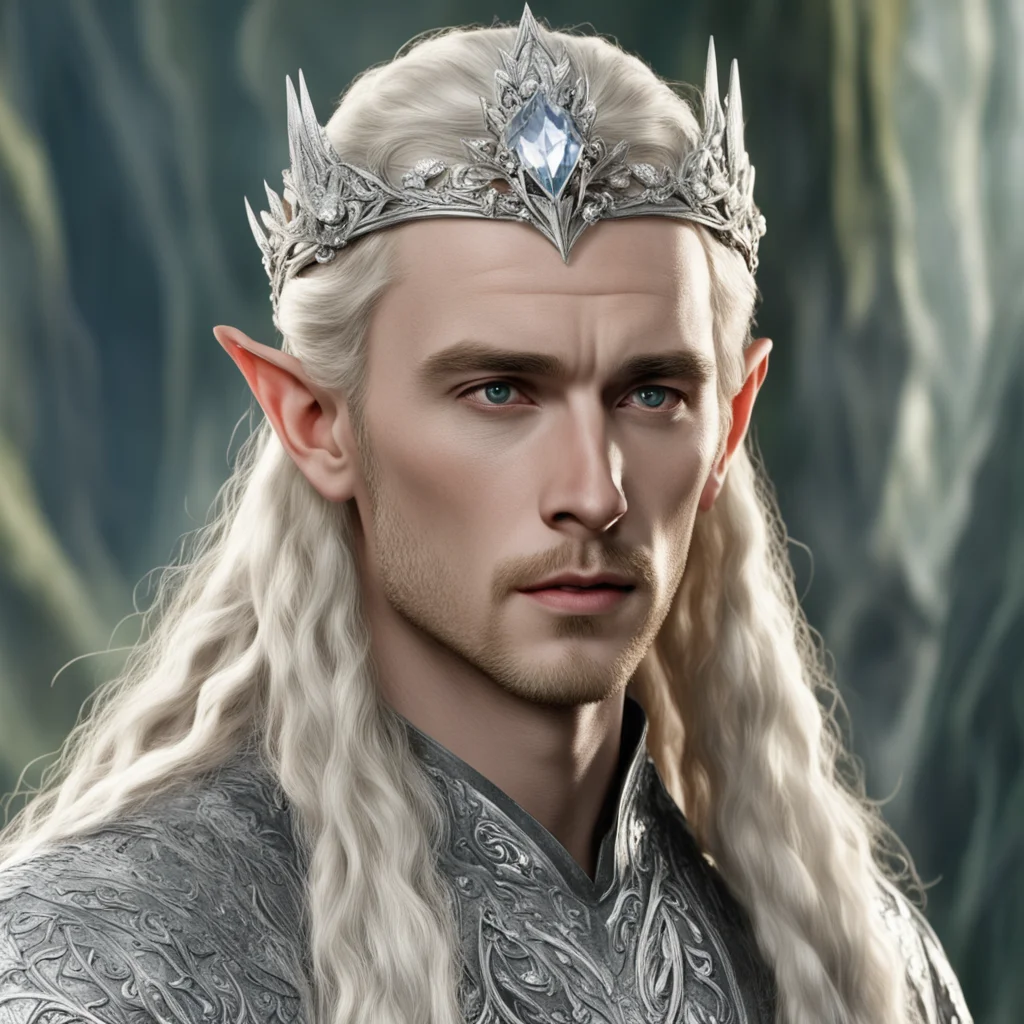 aitolkien king thranduil with blond hair and braids wearing silver flower circlet encrusted with diamonds and large diamond clusters with large center diamond