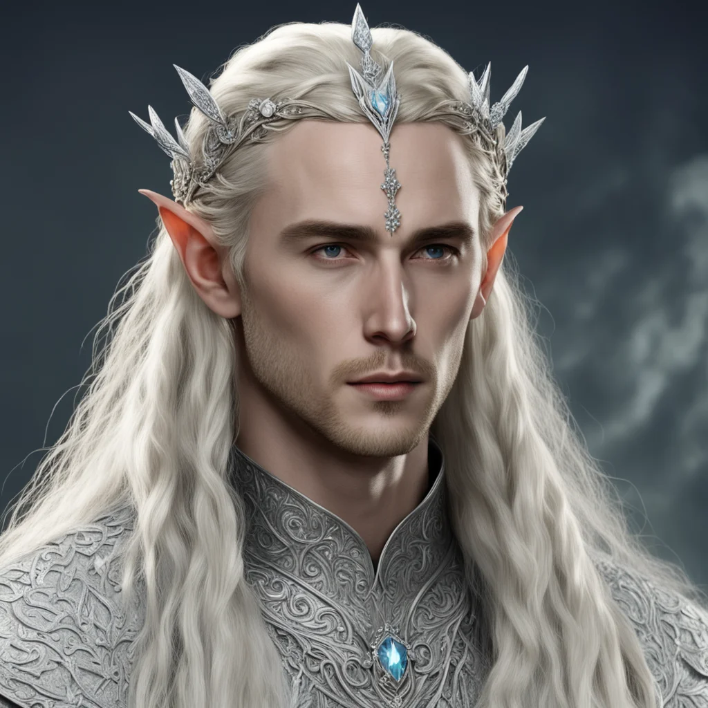 aitolkien king thranduil with blond hair and braids wearing silver flower diamonds to form a silver elvish circlet with large center diamond good looking trending fantastic 1
