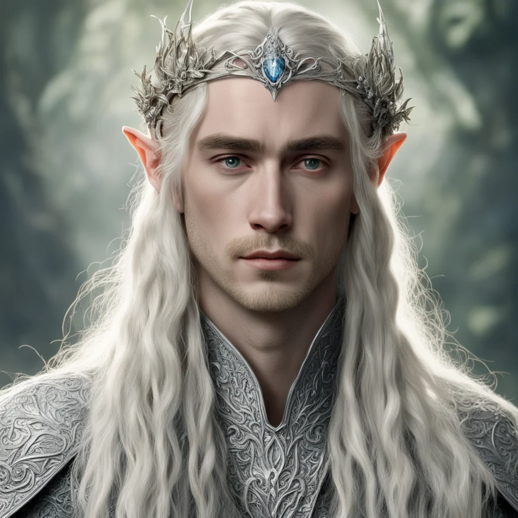 aitolkien king thranduil with blond hair and braids wearing silver flower elvish circlet encrusted with diamonds with large center diamond