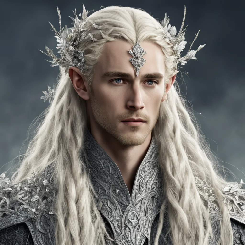 tolkien king thranduil with blond hair and braids wearing silver flower encrusted with diamond with large clusters of diamonds composing an elvish circlet with prominent center diamond amazing aweso