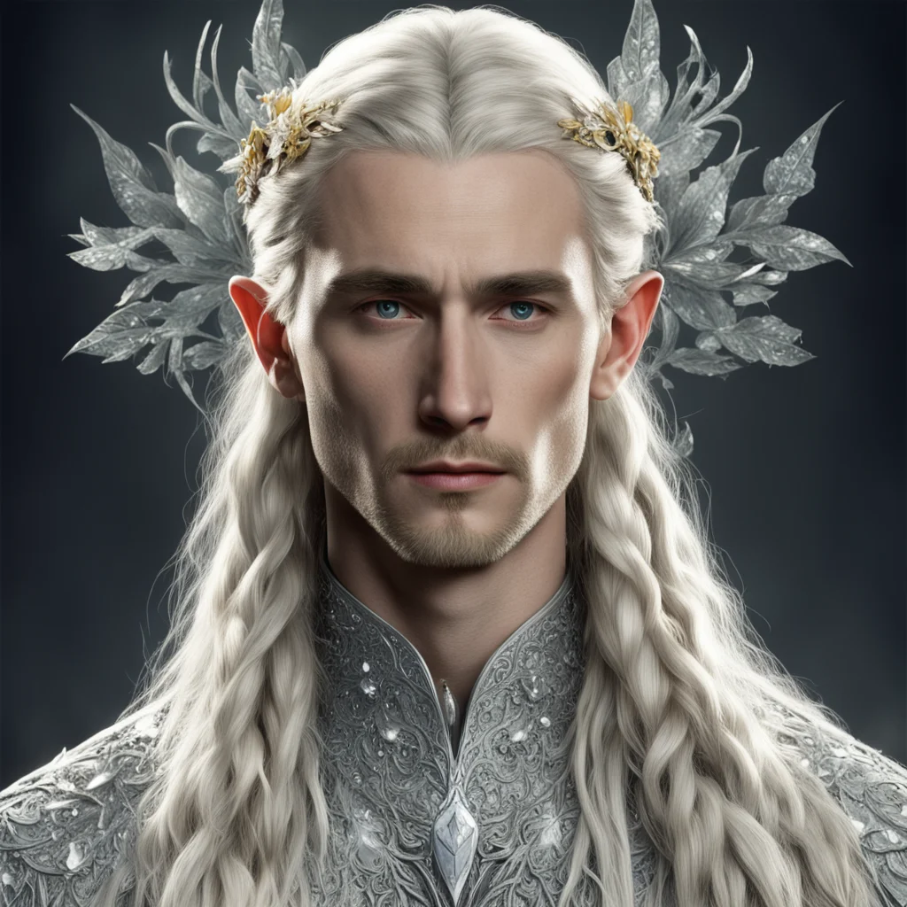 aitolkien king thranduil with blond hair and braids wearing silver flower encrusted with diamond with large clusters of diamonds composing an elvish circlet with prominent center diamond