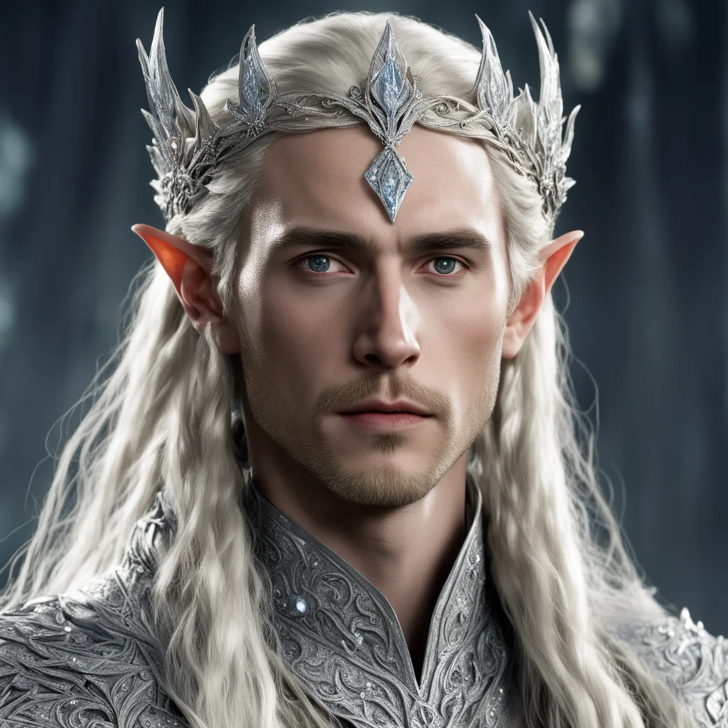 tolkien king thranduil with blond hair and braids wearing silver flower encrusted with diamonds forming a silver elvish circlet encrusted with diamonds with large center diamond  good looking trendi