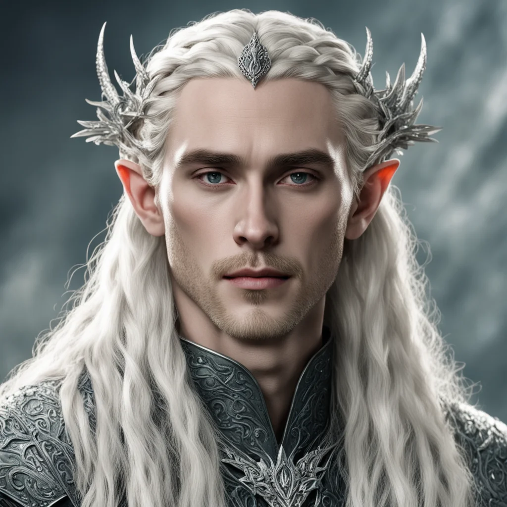 aitolkien king thranduil with blond hair and braids wearing silver flower serpentine sindarin elvish circlet encrusted with diamonds with large center diamond 