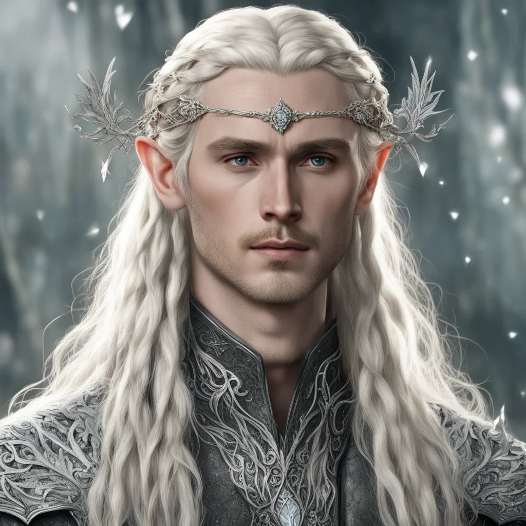 aitolkien king thranduil with blond hair and braids wearing silver flower with diamonds elvish circlet with prominent center diamond amazing awesome portrait 2