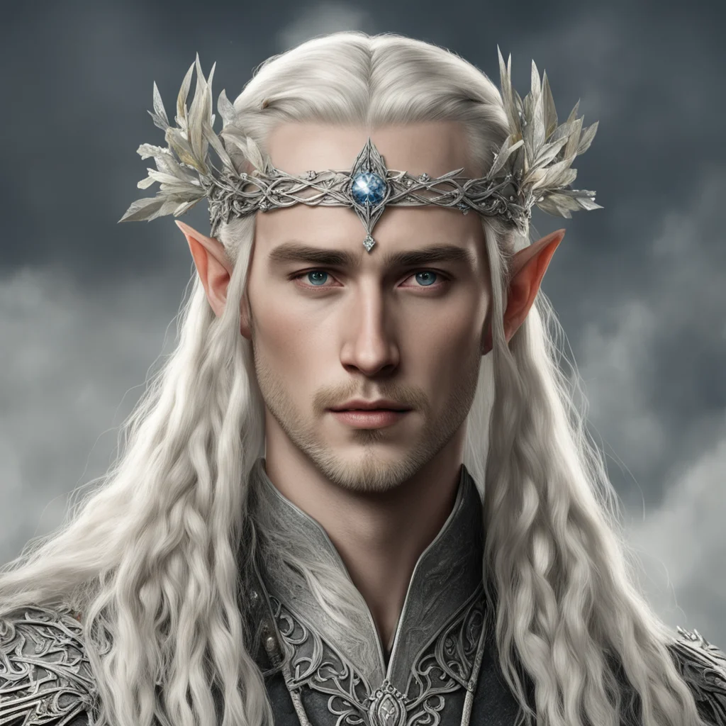 aitolkien king thranduil with blond hair and braids wearing silver flower with diamonds elvish circlet with prominent center diamond confident engaging wow artstation art 3