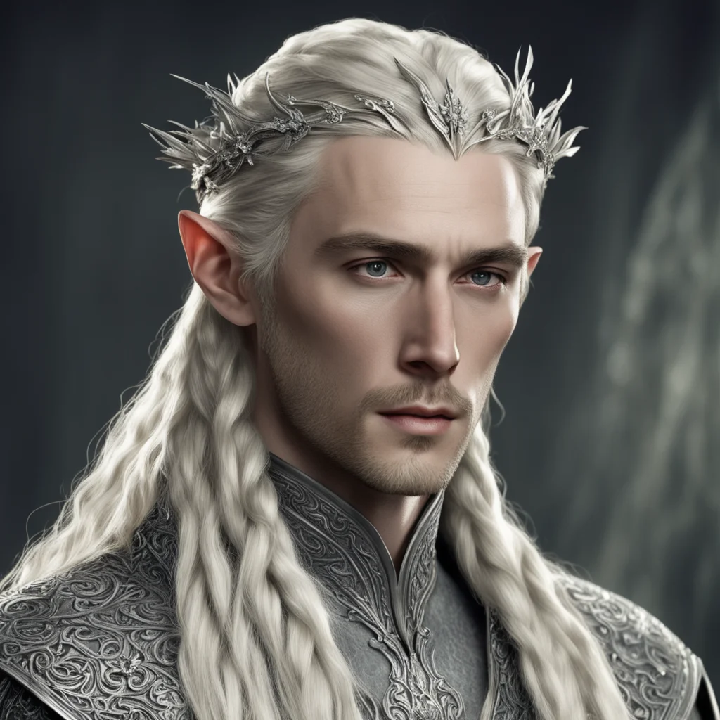 aitolkien king thranduil with blond hair and braids wearing silver flower with diamonds elvish circlet with prominent center diamond good looking trending fantastic 1